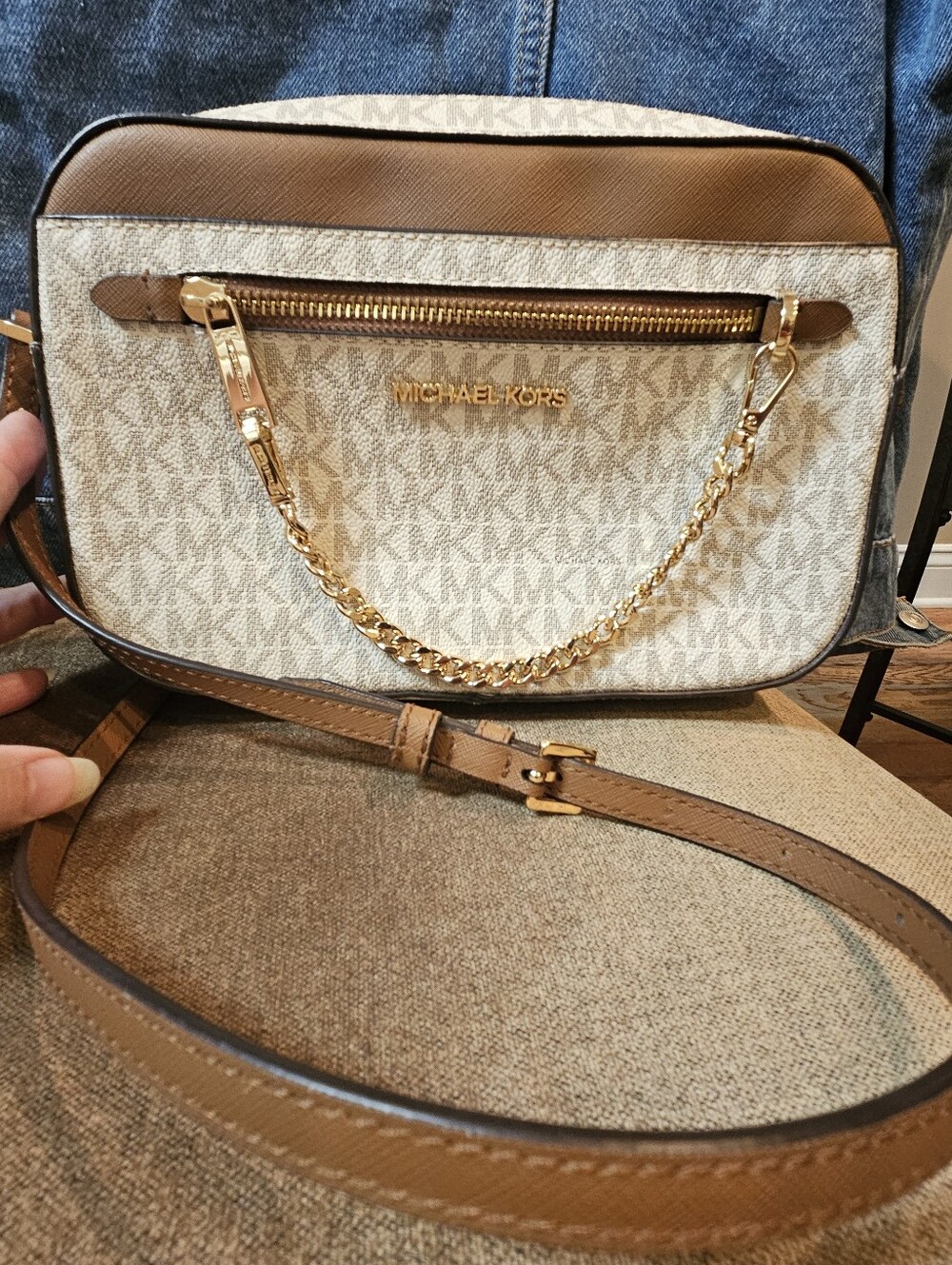 Michael Kors Beige Monogram Crossbody with Brown Trim and Gold Chain